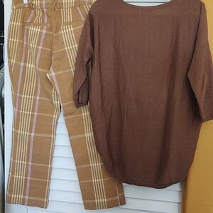 Anthropologie Brown and Pink Plaid Straight Leg Pants